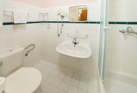 Badezimmer im Einzelzimmer Standard im Kurhotel Dr. Adler in Franzensbad